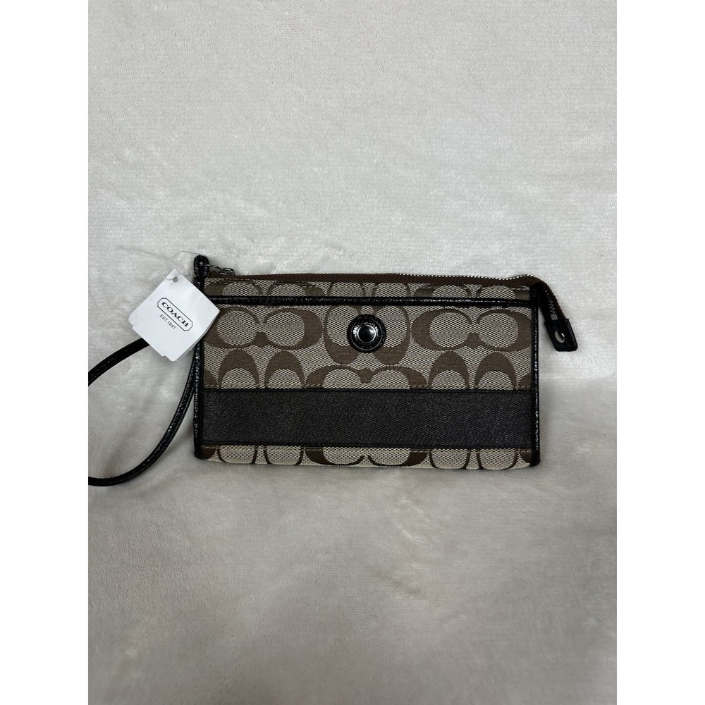 NWT COACH Signature Logo & Stripe Canvas Zippy Wallet Brown Wristlet Classic